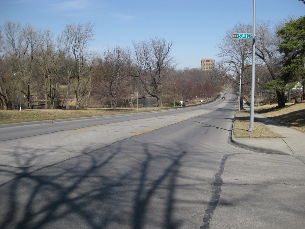 View looking north up Wornall Road toward position of McLain’s Battery